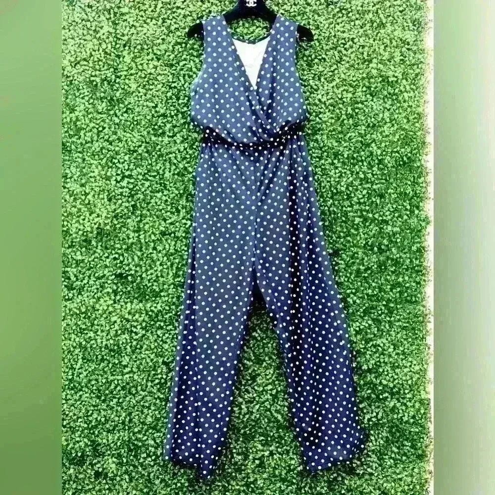 NY PETITE COLLECTION, DARK BLUE POLKA DOT JUMPSUITS Size M.